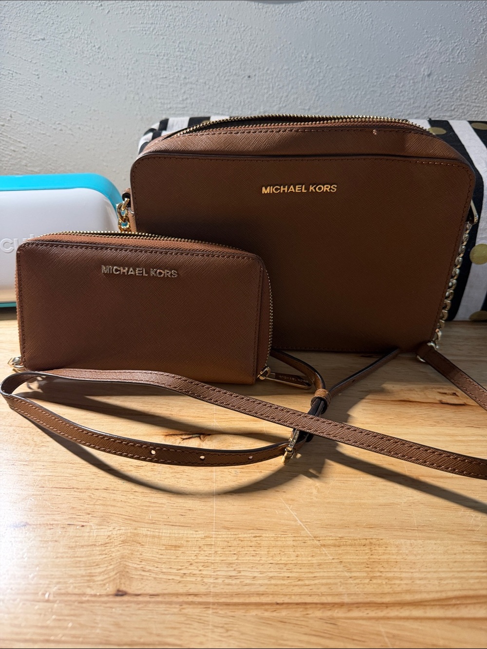 Michael Kors Brown Saffiano Crossbody with Matching Wristlet
